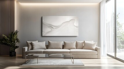 A contemporary living room with a minimalist sofa, soft beige cushions, and a sleek glass coffe