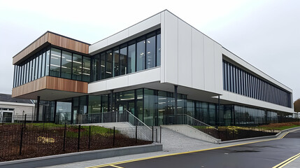 Modern Office Building Exterior with Glass Facade and Wood Accents