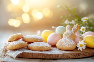 Obraz premium Easter joy with homemade bunny cookies and colorful eggs, perfect for family celebrations and children's fun