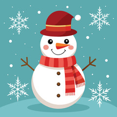 Cute cartoon snowman with hat, scarf, and Christmas tree holds a gift in a snowy winter celebration