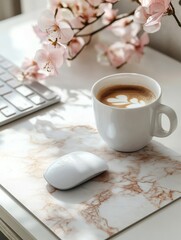 contemporary workspace setup with a wireless mouse, designer coffee cup, and a stylish marble desk mat, clean aesthetic with soft pastel accents 