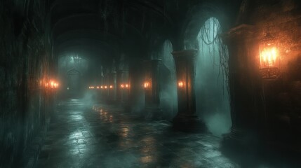 Mysterious Ancient Corridor with Glowing Lanterns and Foggy Atmosphere