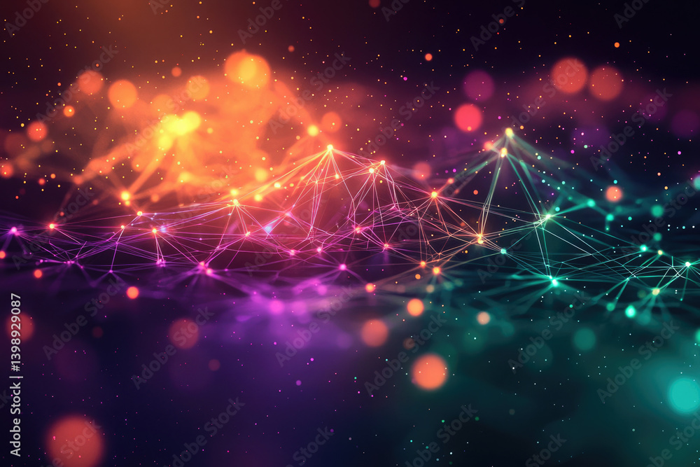 Poster abstract digital network, glowing lines and nodes forming a vibrant interconnected landscape.
