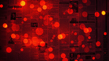 Newspaper with red dots overlay, highlighting headlines and text in a dynamic visual effect.