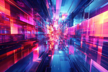 Obraz premium Abstract digital art depicting a vibrant, neon-lit tunnel of interconnected geometric shapes.
