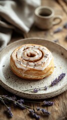 Fototapeta premium cozy morning coffee scene with a cinnamon roll on a speckled ceramic plate, swirls of icing melting slightly, surrounded by dried lavender sprigs, soft neutral tones 
