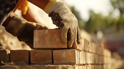A Hispanic construction worker laying brick at a construction site. Featuring craftsmanship and detail