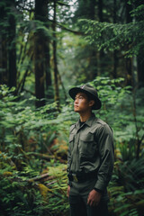 Obraz premium A park ranger in uniform stands amidst a lush green forest. The surrounding nature includes ferns, trees, and moss. He gazes upwards with a thoughtful expression.