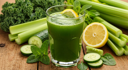 Healthy green vegetable juice drink with celery sticks, cucumbers, kale, lemon, and mint garnish on wooden table.