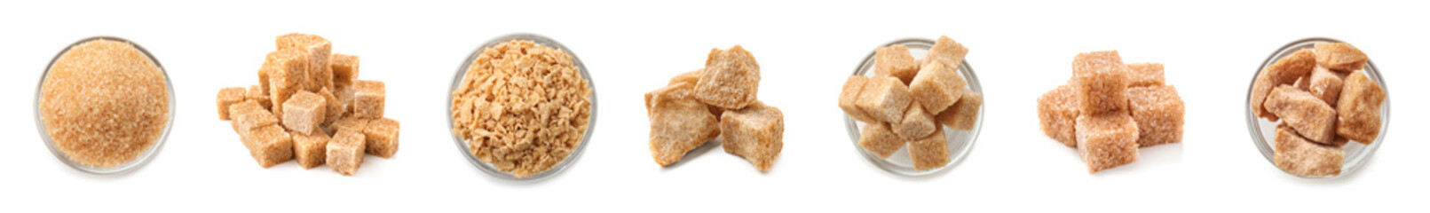 Set of different brown sugar on white background