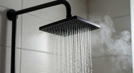 Hot Water Shower Flowing with Steam and Modern Fixtures in Bathroom