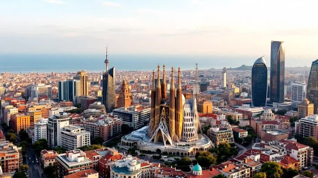 Aerial wide shot city panorama of Barcelona with modern and traditional architecture of urban landscape. Sagrada Familia church is in centre