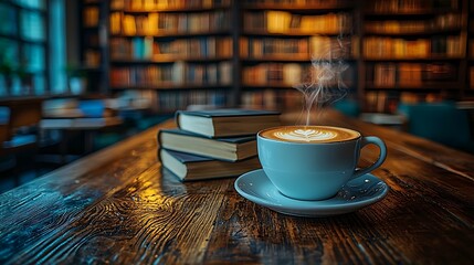 A cozy bookstore website banner featuring a warm wooden shelf filled with neatly arranged books, soft ambient lighting, and a cup of steaming coffee placed elegantly in the foreground.