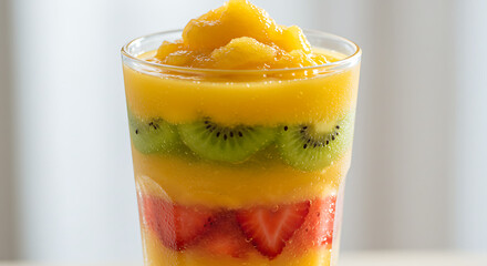 Refreshing fruit smoothie with strawberries, kiwi, and mango chunks, perfect for a healthy treat. Layered in a glass for a colorful effect.