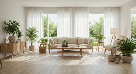 Living Room Interior with Sofa, Natural Light, and Green Plants
