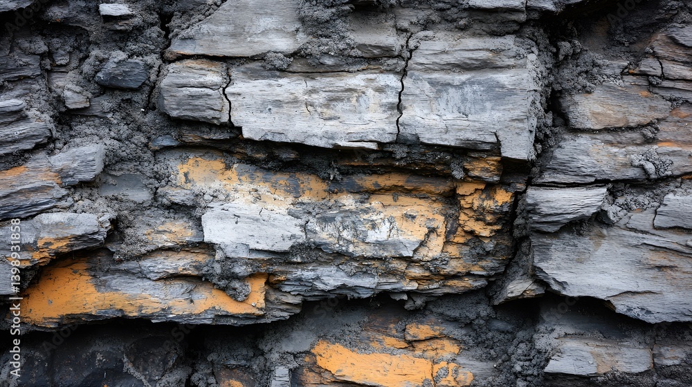Poster a close-up view of a weathered rock formation displaying various textures and colors. the image high