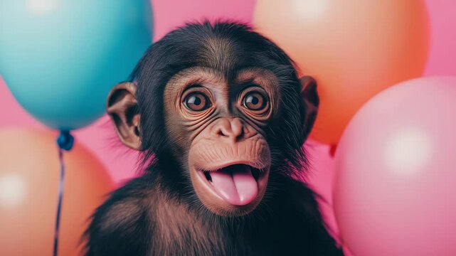 Playful baby monkey poses with colorful balloons in a cheerful setting during a bright afternoon