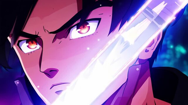 Determined anime character boy holding sword in vibrant digital art. concept of courage, heroic adventures, intense conflict, man, animation