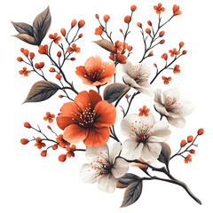 Decorative Blossom Branch Featuring Vibrant Red and White Flowers with Delicate Leaves on a Transparent Background