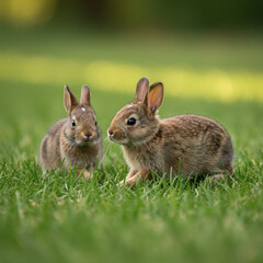 Fototapeta premium Adorable Baby Rabbits in Lush Green Grass