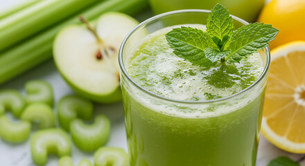 Refreshing green juice with fresh mint, set against a vibrant array of fruits and vegetables for a healthy, natural look.