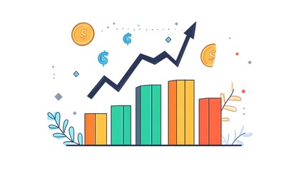 Business growth chart with ascending arrow, and coin icons, showcasing financial success