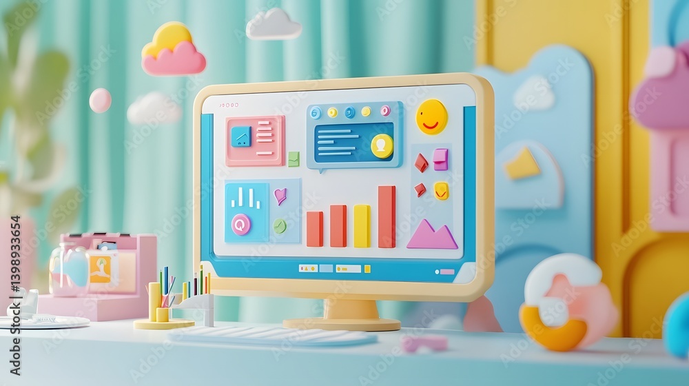 Poster cute cartoon computer screen displaying colorful data charts and graphs in a pastel-colored room.