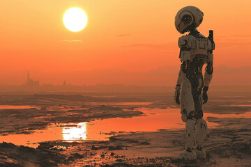 A solitary robot contemplates a desolate, sunset-bathed landscape, possibly post-apocalyptic.
