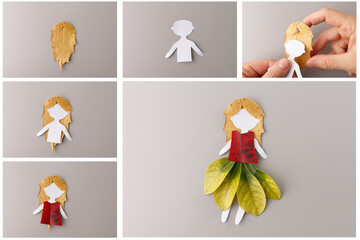 Step-by-step creation of paper and leaf doll for DIY craft projects. Handmade artwork using dried...