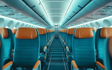 Obraz premium Empty Airplane Cabin with Turquoise and Orange Seats - A Modern Travel Experience life of pilots photo series