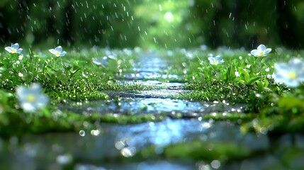 Fototapeta premium Rainy day pathway through lush flowers