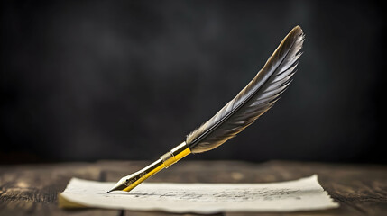Quill pen writing on parchment paper on wooden desk, dark background, for historical or literary themes