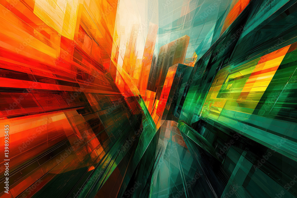 Poster abstract futuristic cityscape with vibrant orange and green geometric structures, creating a dynamic