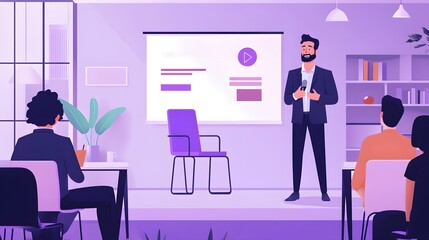 A Business Presentation: A presenter is holding a microphone, delivering a presentation to a group of people. The scene exudes an atmosphere of learning and information sharing
