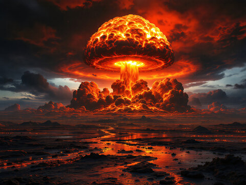 Dramatic image of a nuclear explosion with a fiery mushroom cloud rising over a barren wasteland.
