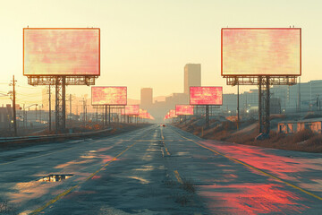 A long, empty road at sunset lined with glowing billboards, creating a futuristic, desolate...