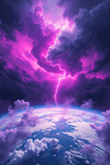 Stunning purple lightning strikes through dramatic clouds over Earth's horizon, creating a vibrant, otherworldly scene.
