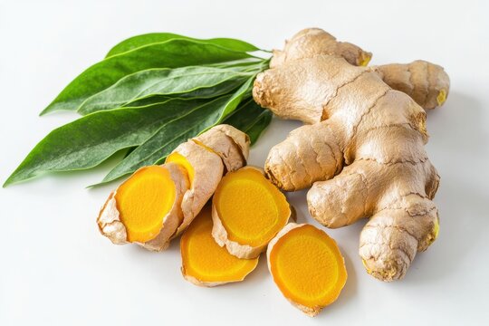 Fresh turmeric root and leaves on white background