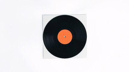 Fototapeta premium A minimalist image of a black vinyl record with an orange label, set against a clean white background.