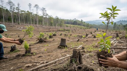 Obraz premium Climate change renewable energy sustainability concept, Reforestation efforts in a deforested landscape with saplings being planted.