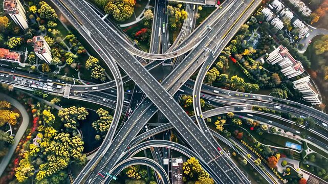Intricate network of highways and overpasses surrounded by lush greenery. concept of urban transportation, infrastructure complexity, city planning