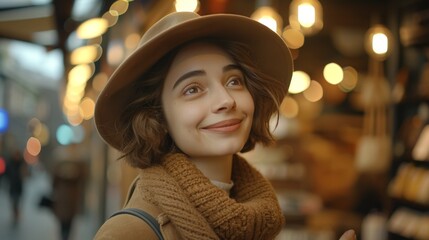 This charming woman exudes happiness while wearing a stylish hat and scarf, perfectly capturing a lively ambiance in the market filled with warm lights and delightful scenery.
