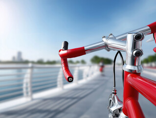 Fototapeta premium Bright red bicycle handlebars near a waterfront path during a sunny day