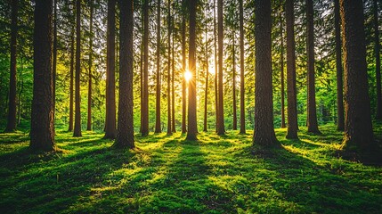 Fototapeta premium Sunlight filters through forest canopy