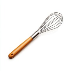 Metal whisk with wooden handle on white background