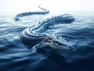 Cryptid sea serpent gliding through dark waters, scales shimmering in ethereal light.