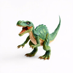 Fototapeta premium Lifelike green dinosaur toy in a fierce roaring pose, showcasing detailed scales and sharp teeth.