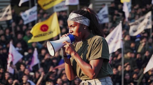 A dynamic video still of a woman using a megaphone at a protest. Captured from a side angle, with flags and a crowd in the background, conveying activism.