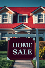 Obraz premium House, Home, Sale, For Sale, Real Estate, Property, Residential, Sign, Red, White, Blue, Roof, Windows, Door, Lawn, Grass, Pathway, Suburban, Neighborhood, Curb Appeal, Listing, Market, Buy, Sell, Age
