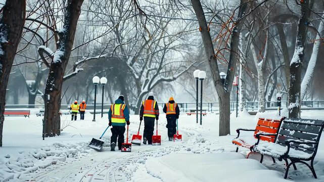 Group of workers clearing snow in winter park wearing hi-vis vests. concept of teamwork, outdoor labor, and seasonal maintenance